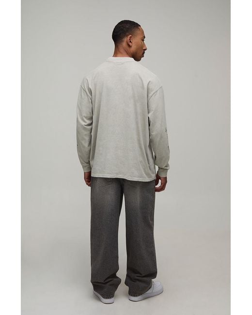 BoohooMAN Gray Washed Stone Oversized Gothic Cross Print Long Sleeve T-Shirt for men