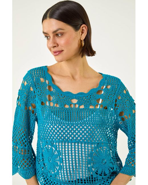 Roman Blue Crochet Knit Flared Sleeve Top