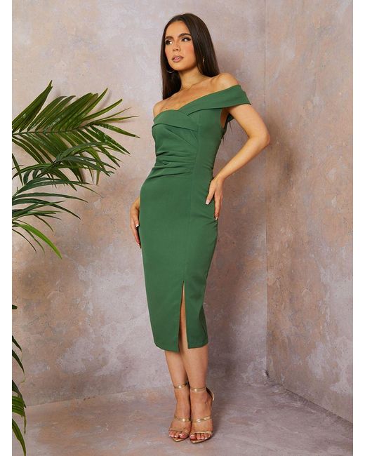 Chi Chi London Green Bardot Ruched Detail Midi Dress
