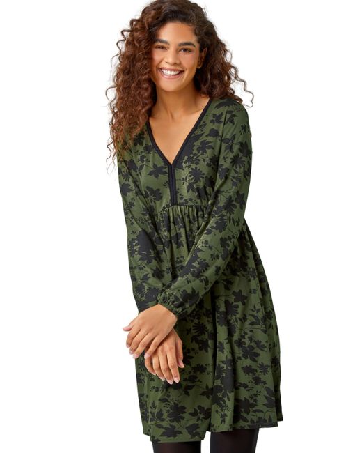 Roman Green Floral Contrast Trim Stretch Dress