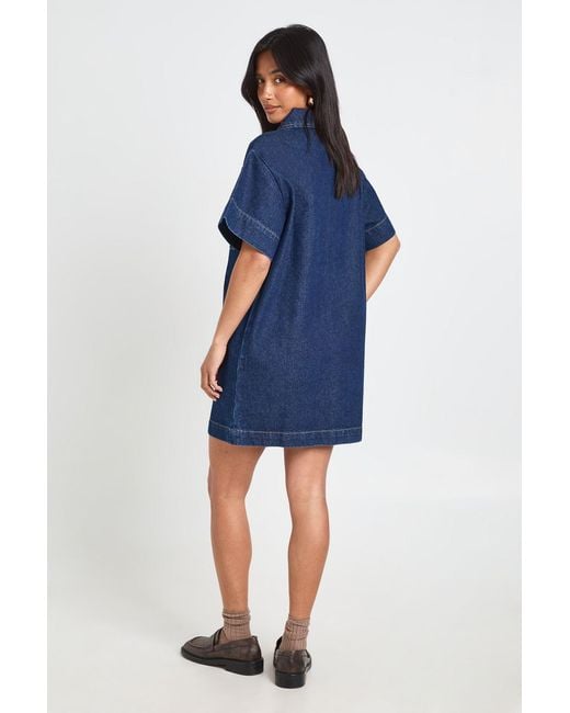 Boohoo Blue Petite Boxy Short Sleeve Denim Dress