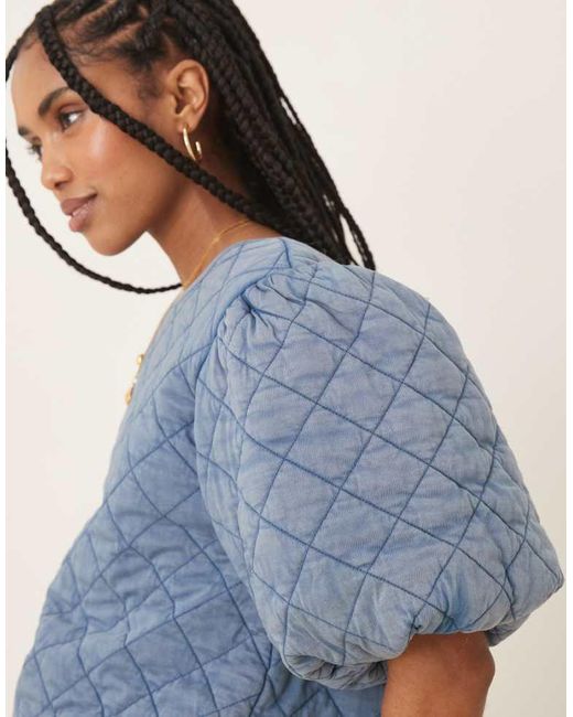 ASOS Blue Quilted Puff Sleeve Mini Dress