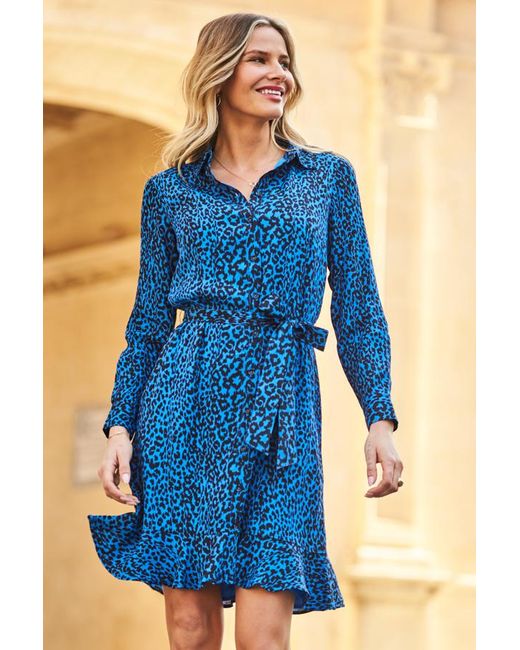 Sosandar Blue Animal Print Fluted Hem Shirt Dress
