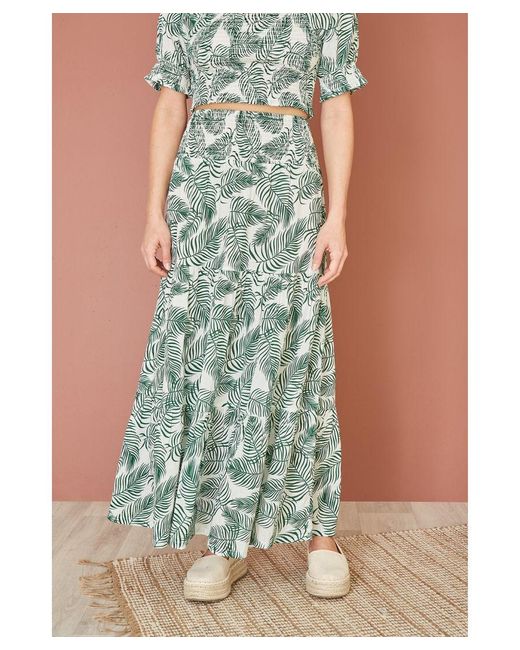 Yumi' Green Cotton Voile Palm Leaf Ruched Waist Midi Skirt