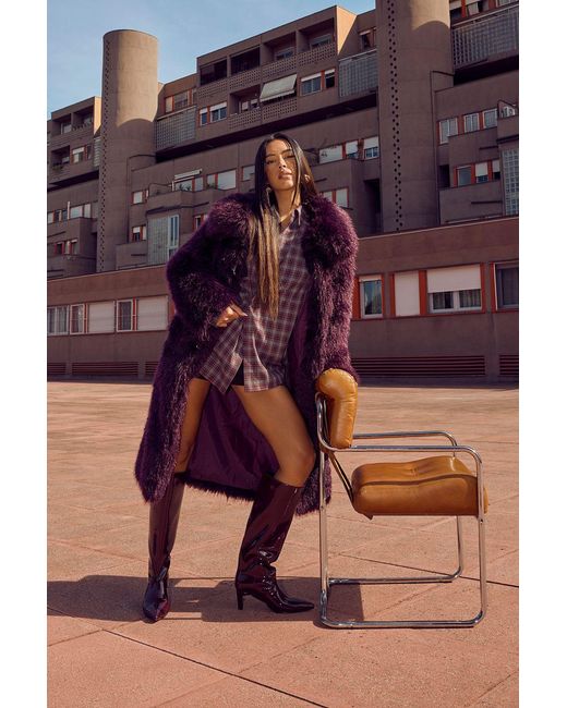 Boohoo Purple Shaggy Fur Maxi Coat With Clasps