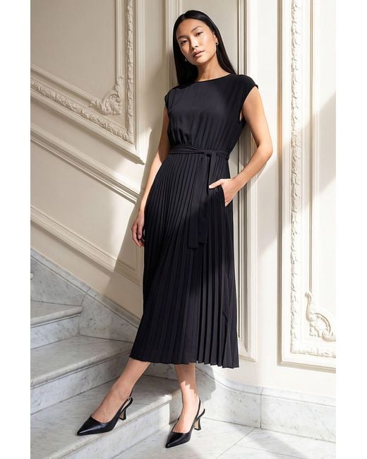 Roman Black Pleated Tie Waist Dress