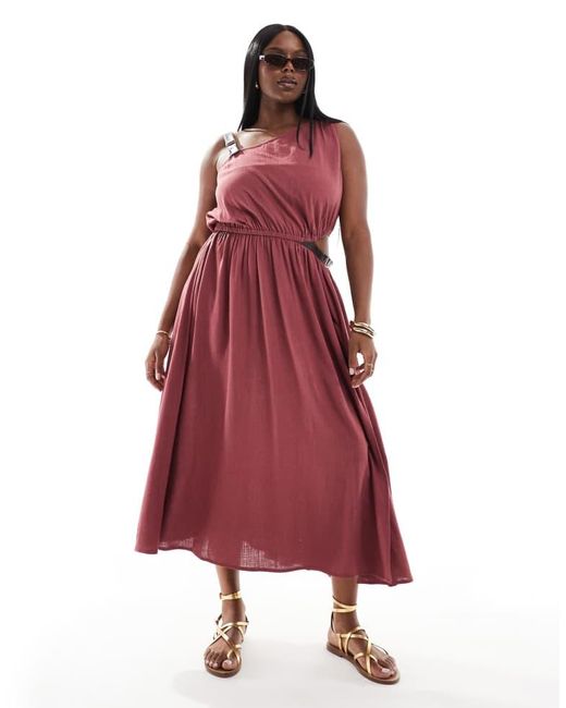 ASOS Design One Shoulder Textured Midi Dress Pu Trim Detail