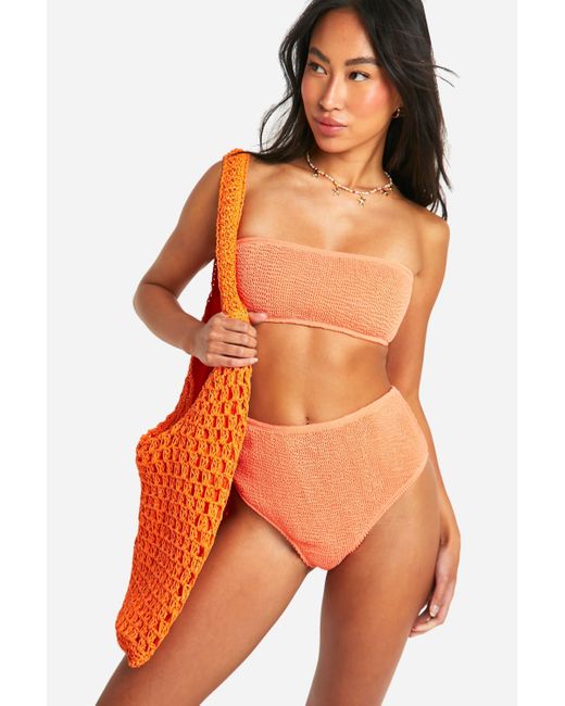 Boohoo Orange Premium Crinkle Bandeau Tube Bikini Top