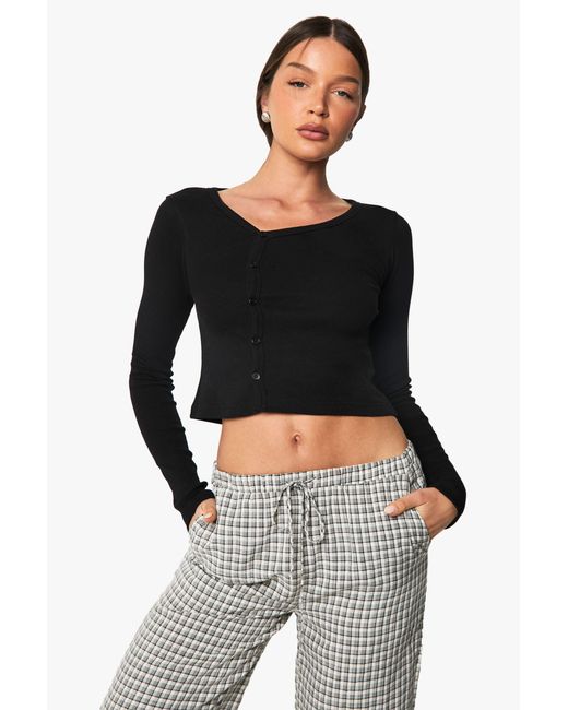 Boohoo Black Rib Asymetric Neckline Long Sleeve Top