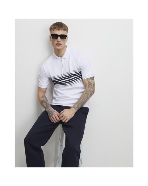 River Island Gray Polo Shirt Slim Fit Stripe for men