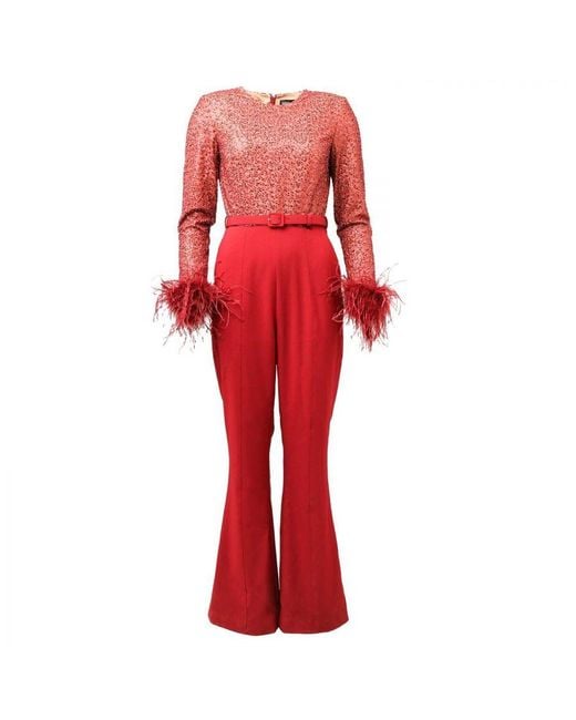 Lavish Alice Red Womenss Sequin Feather Jumpsuit