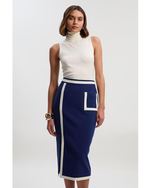 Karen Millen Blue Petite Compact Stretch Tipped Tailored Pencil Skirt