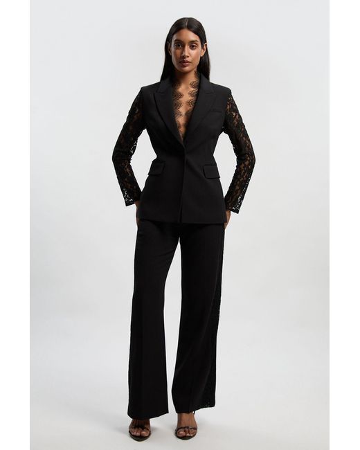 Karen Millen Black Compact Stretch Lace Mix Tailored Wide Leg Trouser