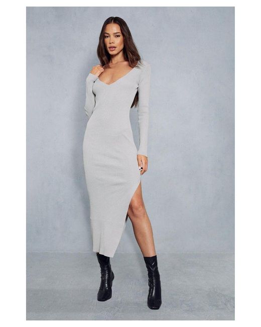 MissPap Gray Knitted Ribbed Plunge Front Scoop Back Midaxi Dress