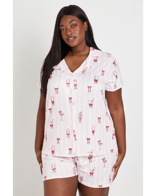 Boohoo White Plus Stripe Cocktail Short Sleeve Shirt And Shorts Pyjama Set