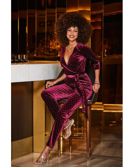 Sosandar Red Burgundy Velvet Diamante Stud Faux Wrap Jumpsuit