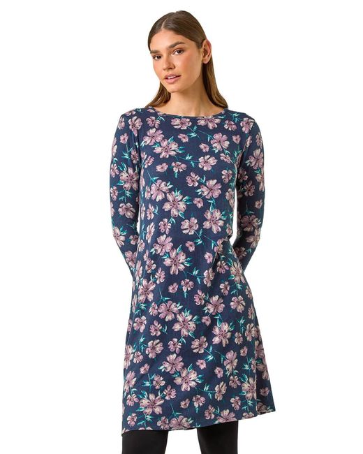 Roman Blue Floral Print Swing Stretch Midi Dress