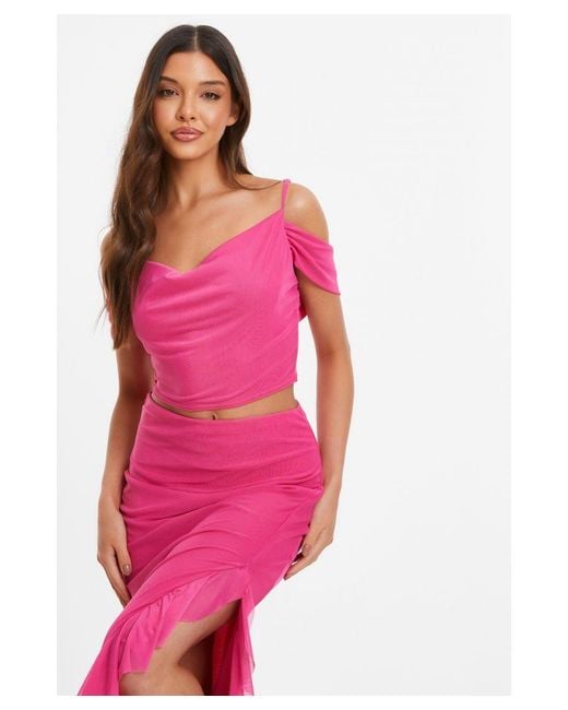 Quiz Pink Mesh Drop Shoulder Crop Top