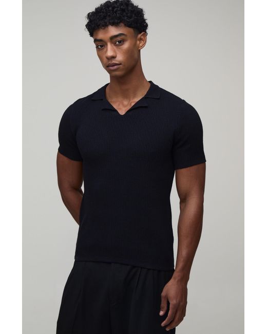 BoohooMAN Blue Muscle Fit Cotton Blend Revere Knitted Polo for men