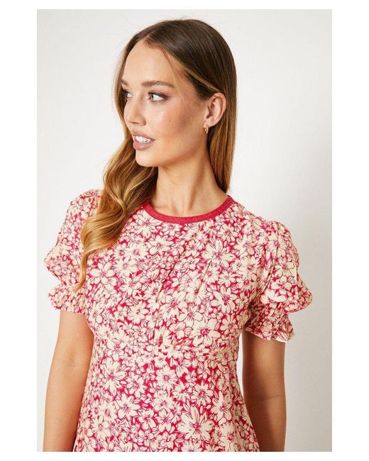 Oasis Pink Floral Puff Sleeve Midi Dress Cotton