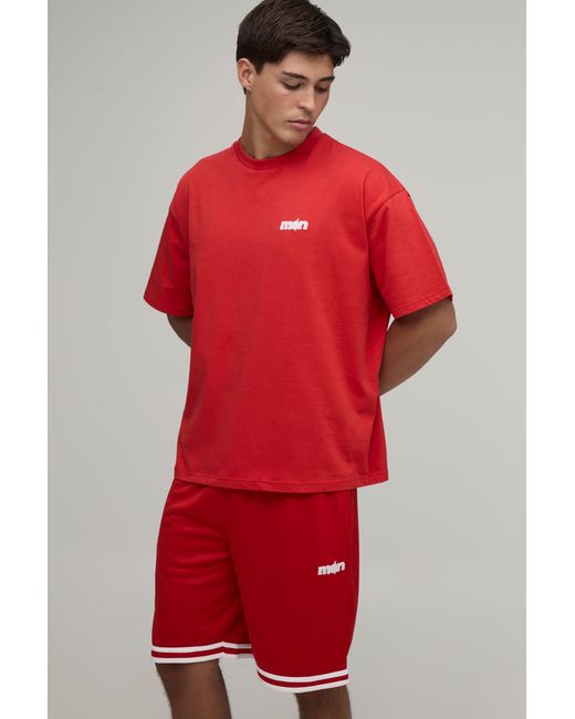 BoohooMAN Red Star Applique Oversized T-Shirt & Basketball Short Set for men