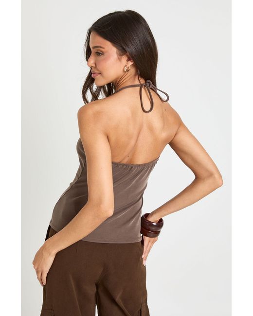Boohoo Brown Premium Peached Rib Tie Back Halterneck Crop Top