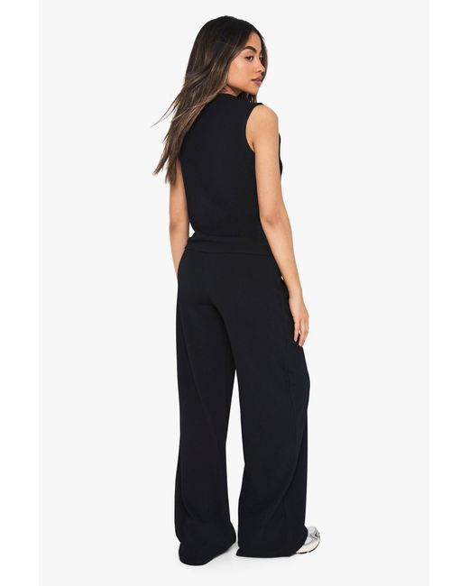 Boohoo Blue Crinkle Rib Button Through Sleeveless Top And Trouser Set