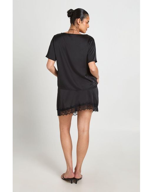 Boohoo Black Plus Satin Oversized T-Shirt And Lace Mini Skirt Co-Ord