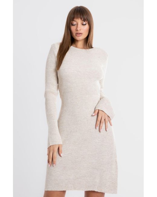 Hiccup Natural Knitted Round Neck Long Sleeve Mini Dress With A Back Cut Out
