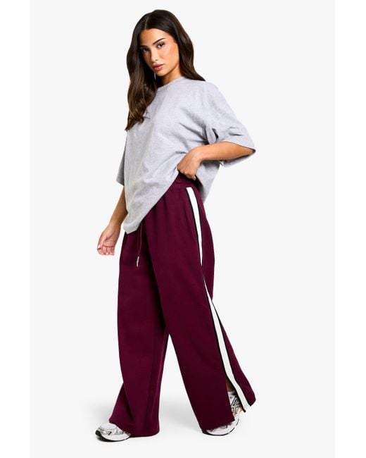 Boohoo Red Petite Side Stripe Tape Split Hem Wide Leg Joggers