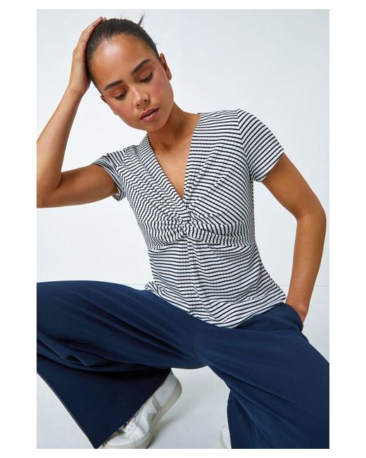 Roman Petite Blue Stripe Twist Soft V-Neck Stretch Top