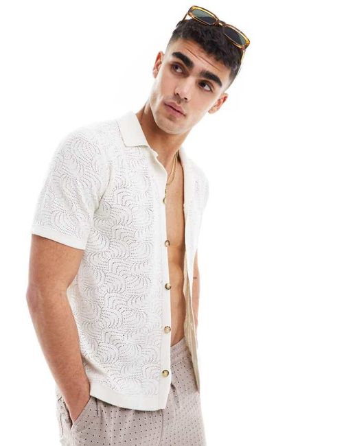 Only & Sons White Revere Collar Open Knit Shirt for men