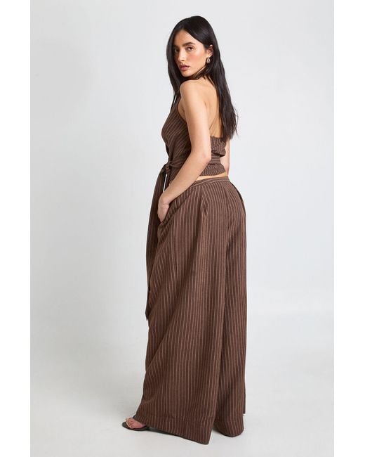 Boohoo Brown Pleated Wide Leg Peached Stripe Trouser
