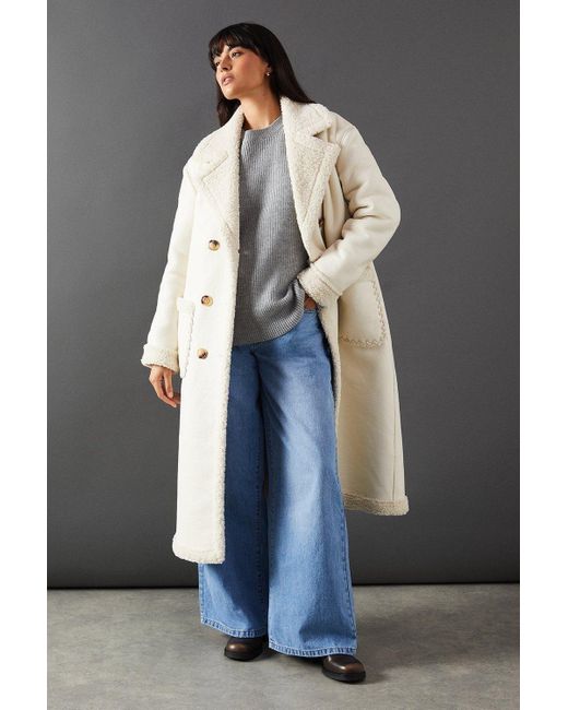 Warehouse Blue Whipstitch Pu Shearling Coat