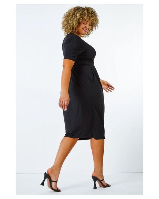 Roman Curve Black Cocoon Pocket Detail Midi Dress