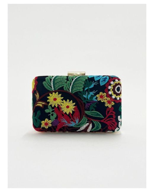 SVNX Black Square Clutch With Multicoloured Embroided Florals