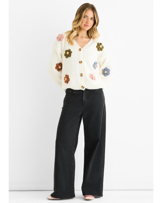 Gini London White 3D Kontrast Blüten Häkel-Cardigan