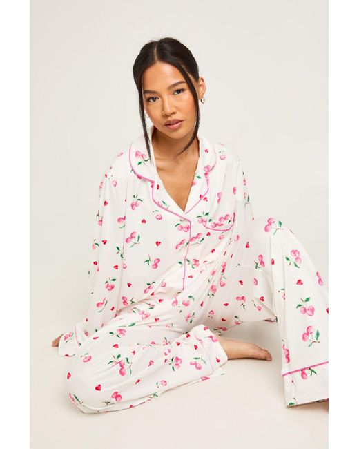 Boohoo Pink Petite Cherry Print Long Sleeve Shirt & Trouser 3 Piece Pyjama Set