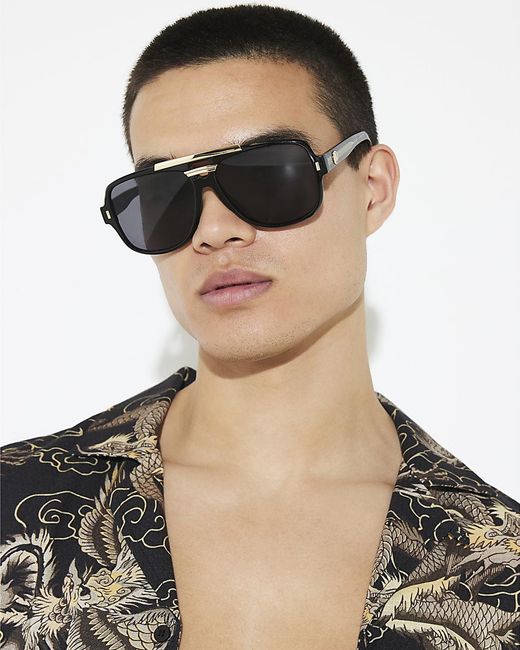 River Island Black Aviator Sunglasses Detail for men