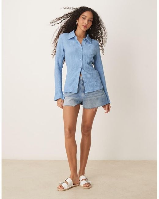 Vila Blue Bubble Texture Long Sleeve Button Up Shirt