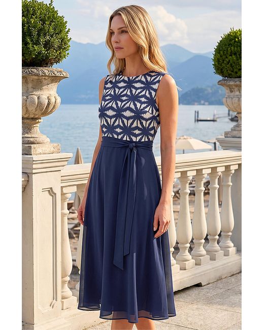Roman Blue Petite Printed Chiffon Midi Dress