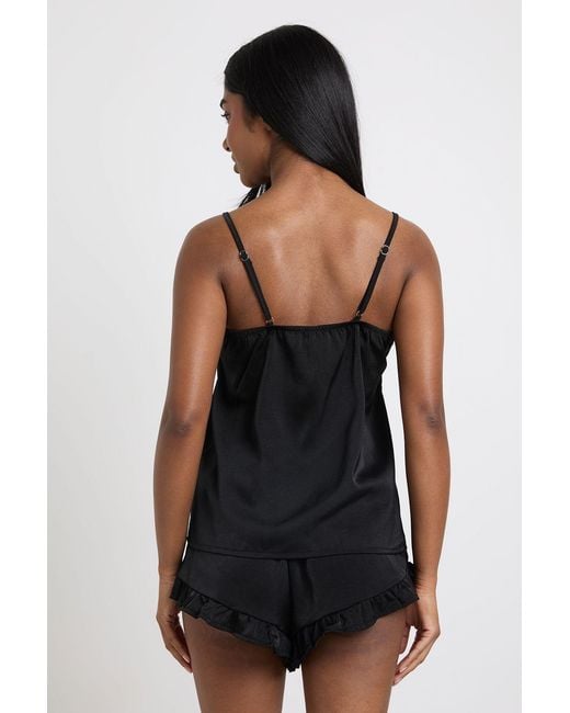 Boohoo Black Satin Cami & Frill Detail Short Pyjama Set
