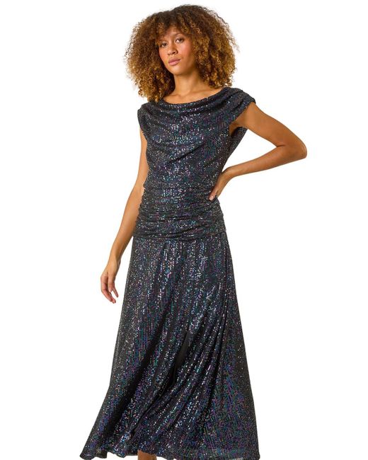 princess polly baby blue dress Gina Bacconi Foil Print Cowl Neck Maxi Dress, Cobalt main image 1