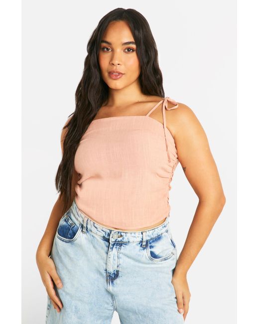 Boohoo Blue Plus Linen Look Ruched Tie Shoulder Top