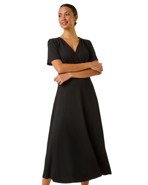 Roman Black Textured Wrap Bodice Midi Dress