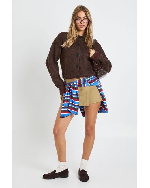 Boohoo Brown Contrast Hem Detail High Neck Knitted Cardigan