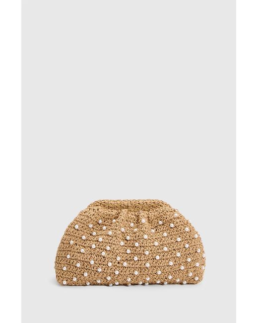 Boohoo Blue Pearl Detail Raffia Slouchy Clutch Bag