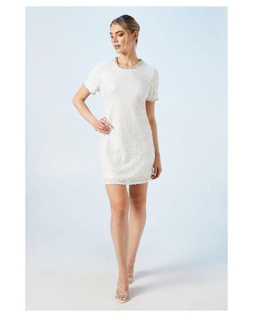 Oasis White Sequin Bridal Shift Dress With Diamante Trim Detail