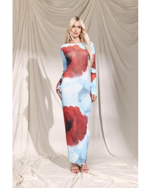 Boohoo Blue Sheer Scoop Back Floral Maxi Dress