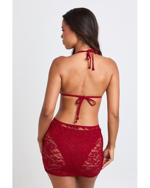 Boohoo Red 3 Piece Triangle Bikini Set With Lace Skirt